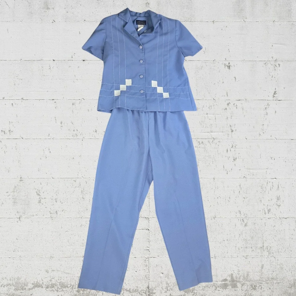 80s Vintage Willow Ridge Periwinkle Blue Retro Top Pants Set USA Made Size 14P
